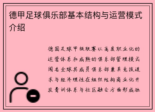 德甲足球俱乐部基本结构与运营模式介绍