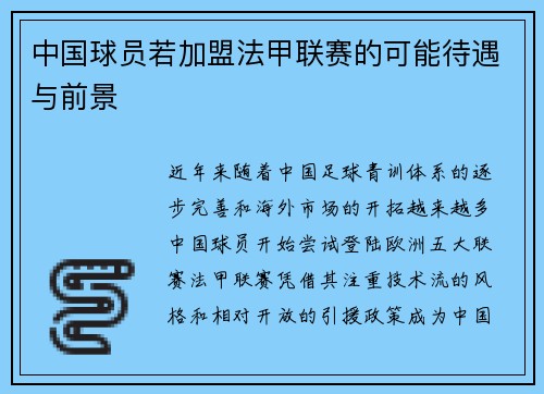 中国球员若加盟法甲联赛的可能待遇与前景